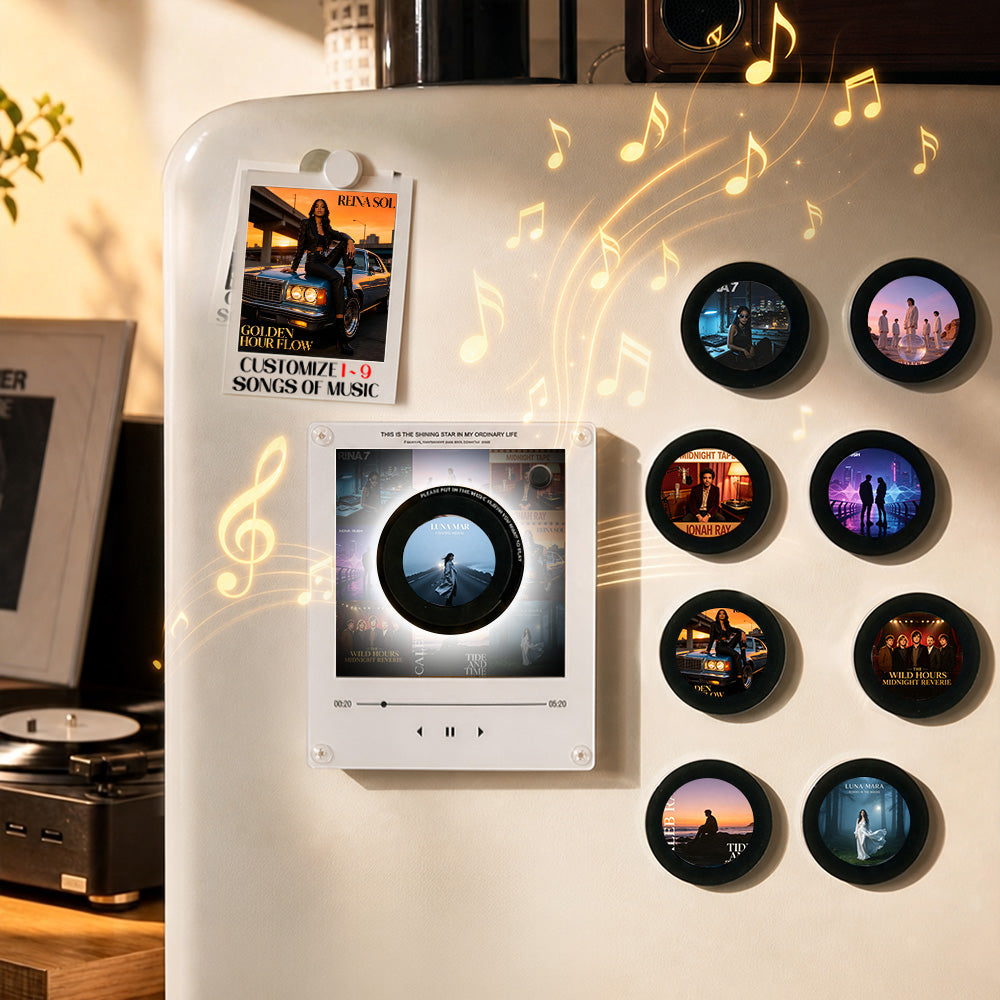 A white refrigerator in a warm indoor setting displays custom music-themed magnets and a central white music player magnet. The magnets feature various album-art style designs, and glowing golden musical notes and light trails decorate the scene.