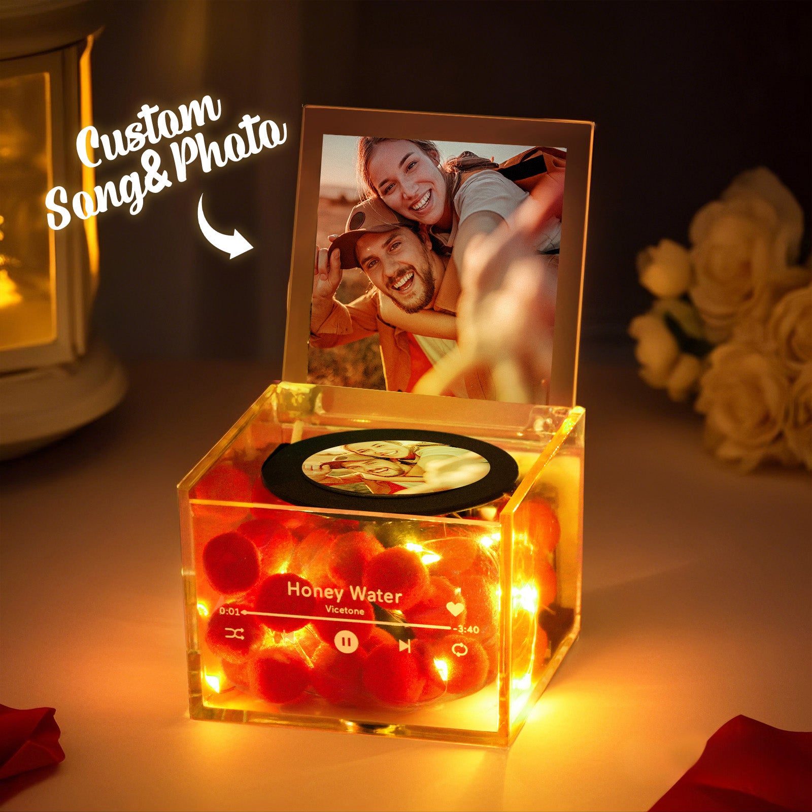 Custom Photo Mini Music Record Player - Vintage Music Box with Light