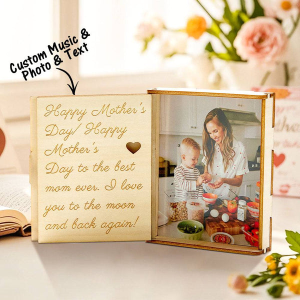 Custom Wooden Book Music Box with Photo and Engraved Message