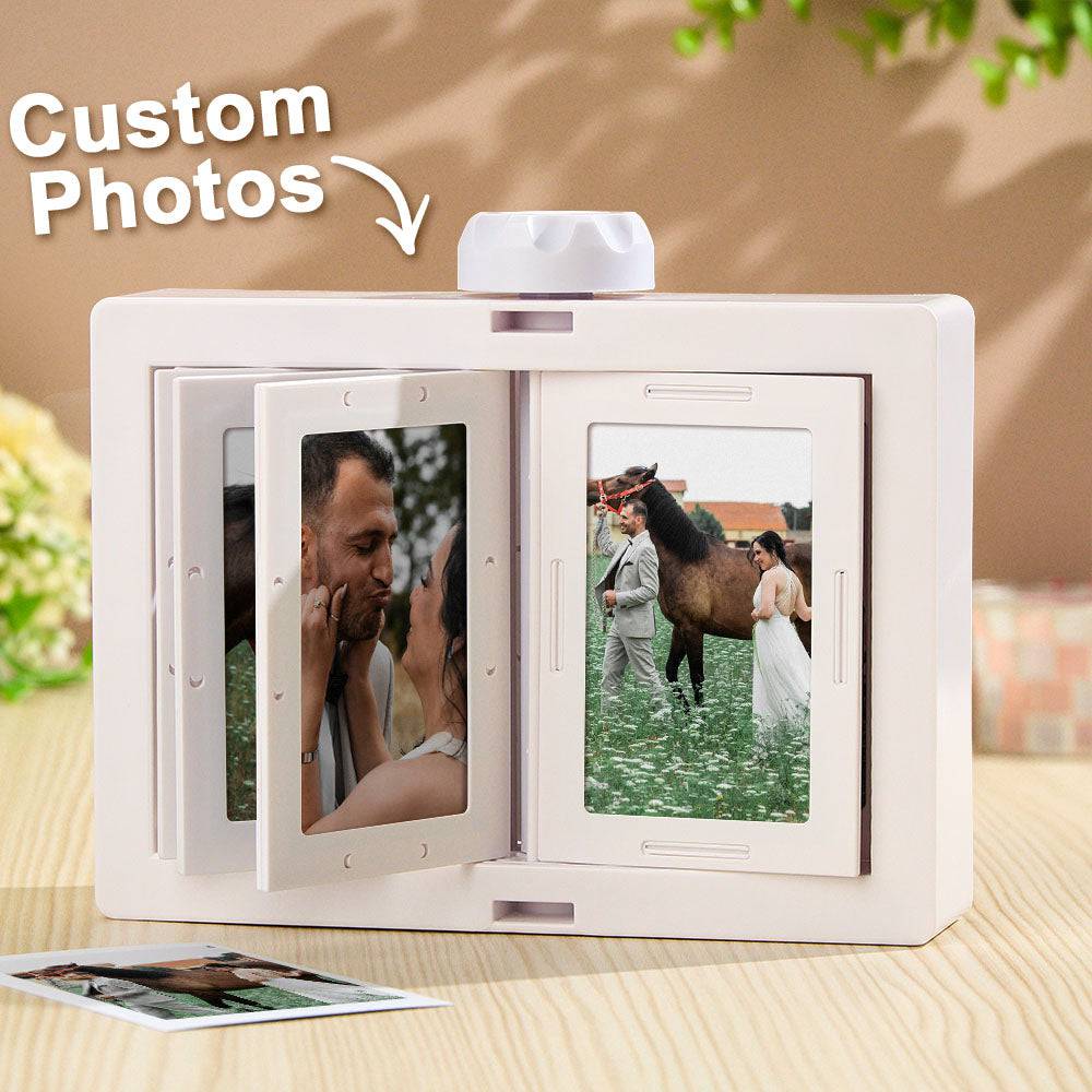 MadeMine rotating photo carousel frame displaying 24 photos, with a sleek design and easy-to-use spinning mechanism.