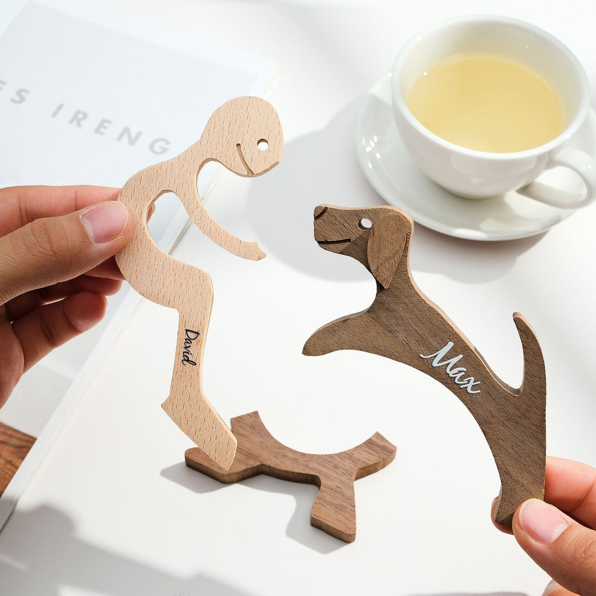 Custom Engraved Name Wood Dog & Owner Figurine