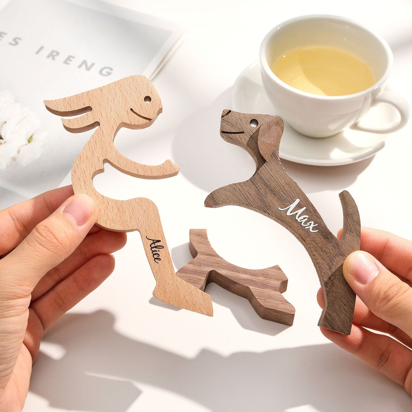 Custom Engraved Name Wood Dog & Owner Figurine