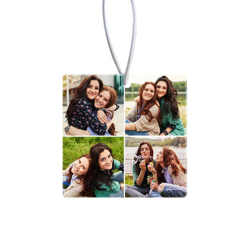Custom collage photo air freshener for car rearview mirror, MadeMine car accessory featuring personalized design and fresh scent.