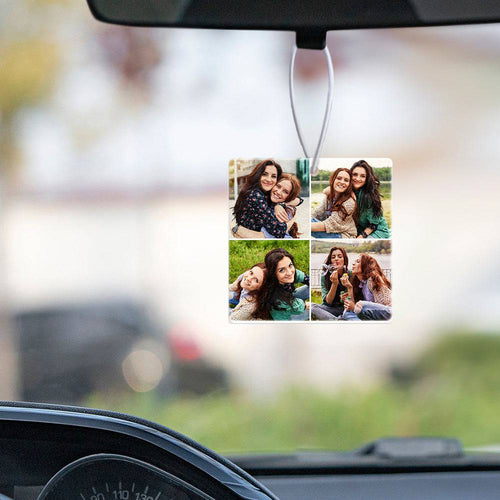 Custom collage photo air freshener designed as a car rearview mirror ornament by MadeMine, featuring a colorful personalized photo.
