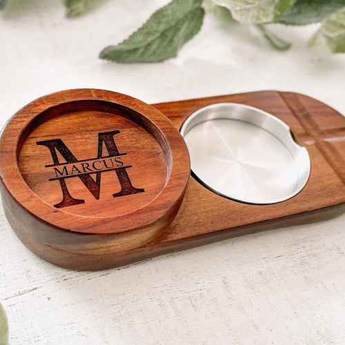 Personalized wooden cigar ashtray with custom engraving, made of walnut, featuring multiple cigar rests and a sleek design.