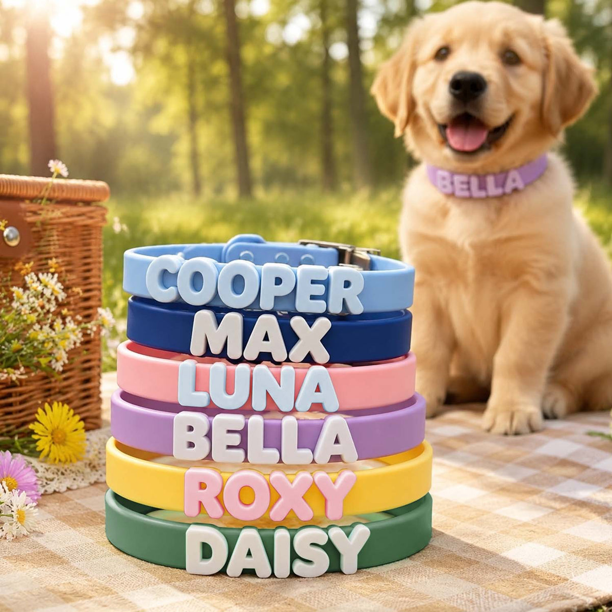 A stack of colorful pet collars with custom names stands on a checkered blanket in a sunny outdoor park setting, with a golden retriever dog wearing a purple 'BELLA' collar sitting in the background.