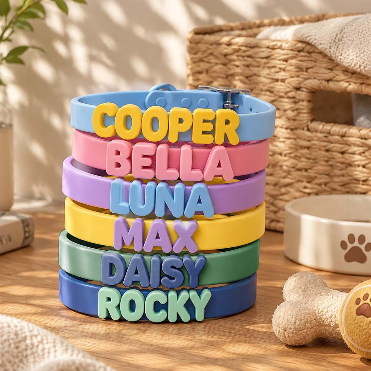 A stack of colorful pet collars with raised personalized names, displayed on a wooden table with a wicker basket, bowl, and toy in the background.