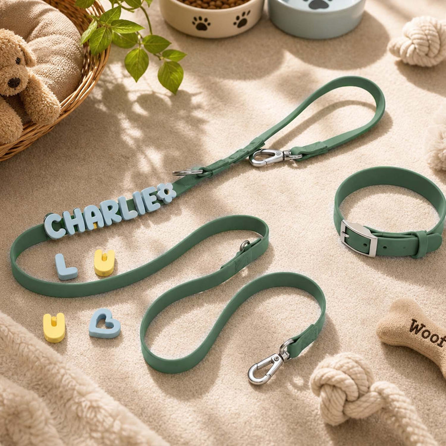Personalized Dog Collar with Letter Charms – Custom Waterproof Silicone Collar & Leash Set