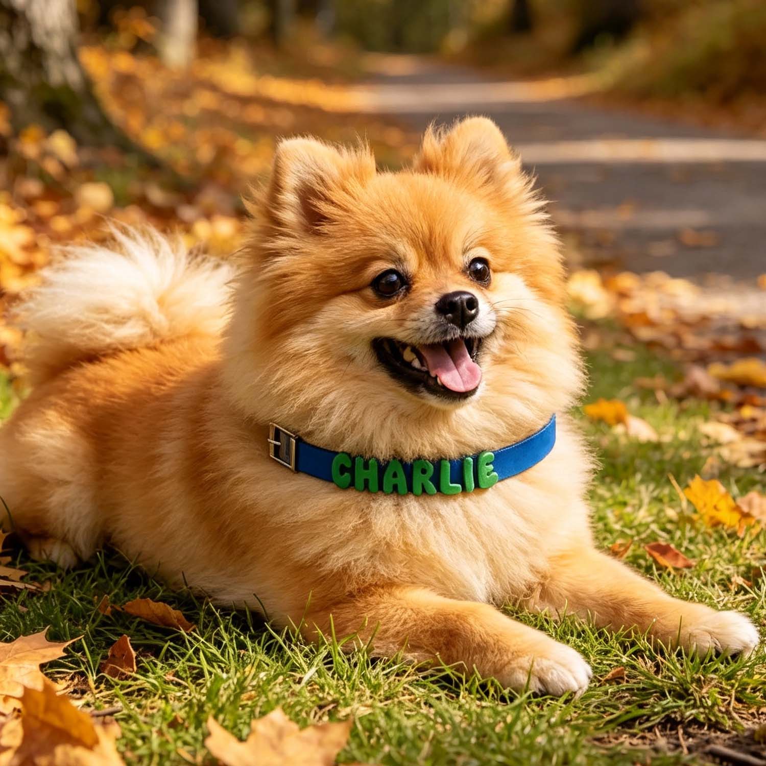 A fluffy golden Pomeranian dog lying on grass outdoors, wearing a blue collar with the name CHARLIE in green raised letters. Fallen leaves and a blurred path are visible in the background.