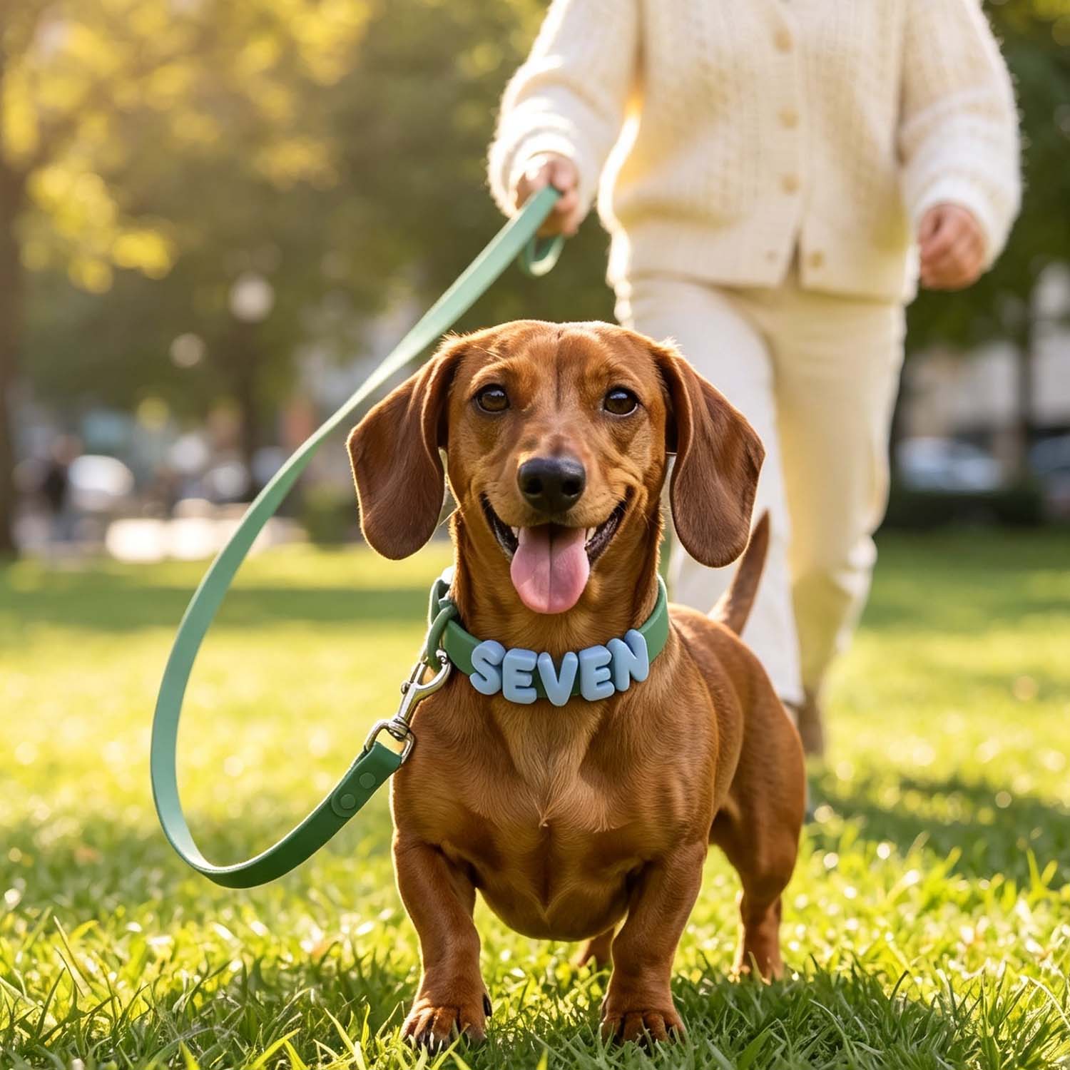 A brown dachshund wearing a light blue collar that says 'SEVEN' stands on grass in a sunny park while being led on a green leash by a person in a cream-colored outfit.