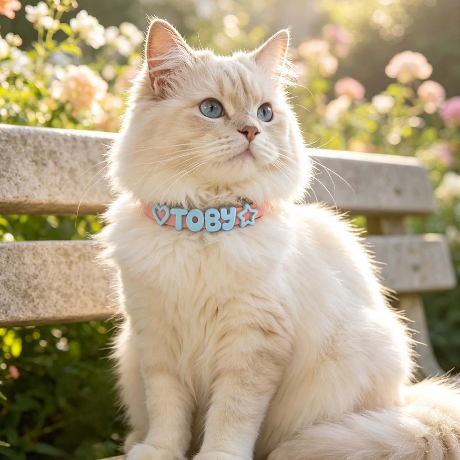 A fluffy cream-colored cat with blue eyes sits on a wooden bench outdoors, wearing a pink collar with the name 'TOBY' in blue letters and heart and star details.