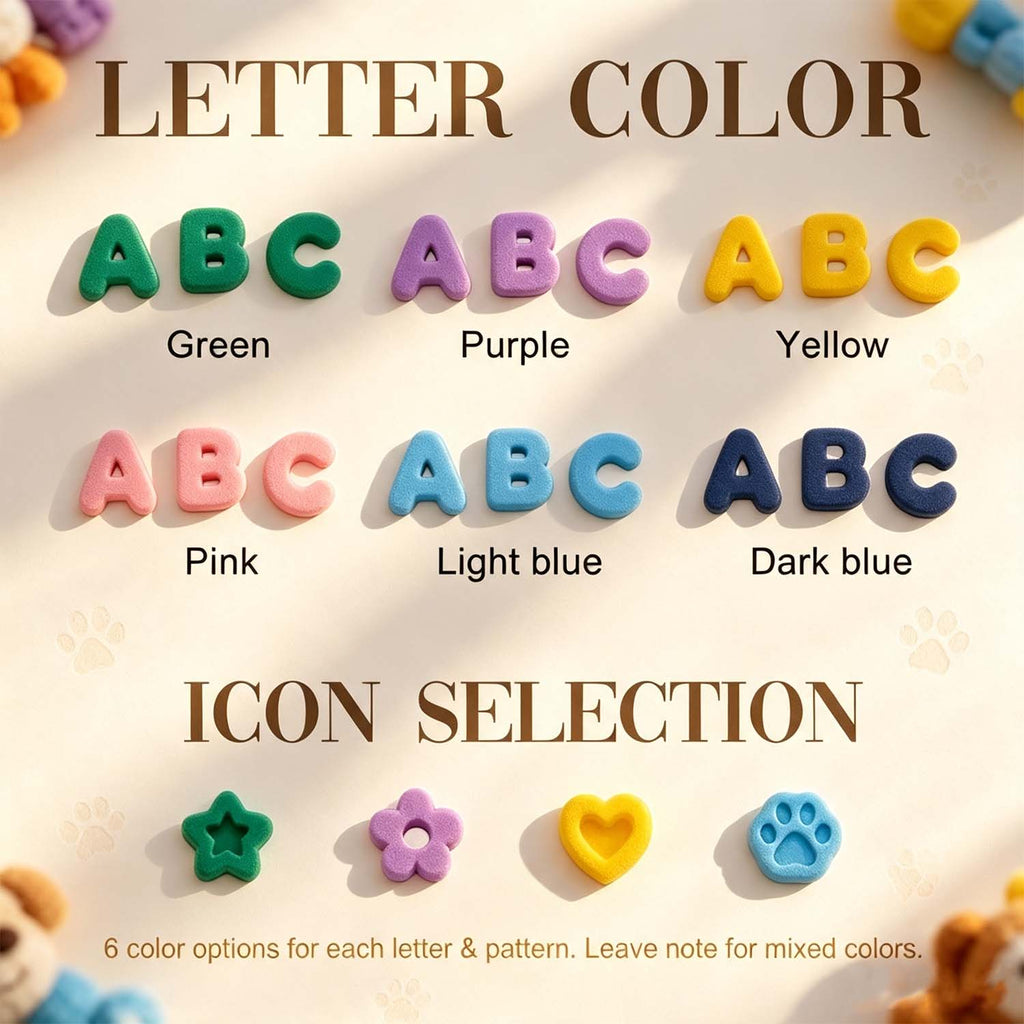 A color-options graphic for letter-shaped items, showing rows of pastel letters labeled Green, Purple, Yellow, Pink, Light blue, and Dark blue, with text reading 'LETTER COLOR' and 'ICON SELECTION'.