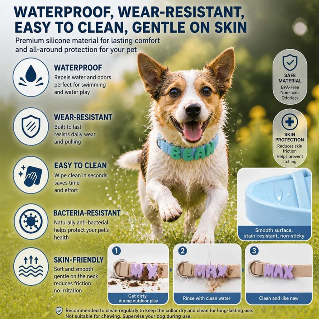 A promotional graphic for a pet collar featuring a white and brown dog wearing a blue collar with the word 'BEAR' printed on it. The image contains multiple text callouts highlighting product features such as waterproof, wear-resistant, easy to clean, and gentle on skin, along with a product detail inset showing the textured collar.