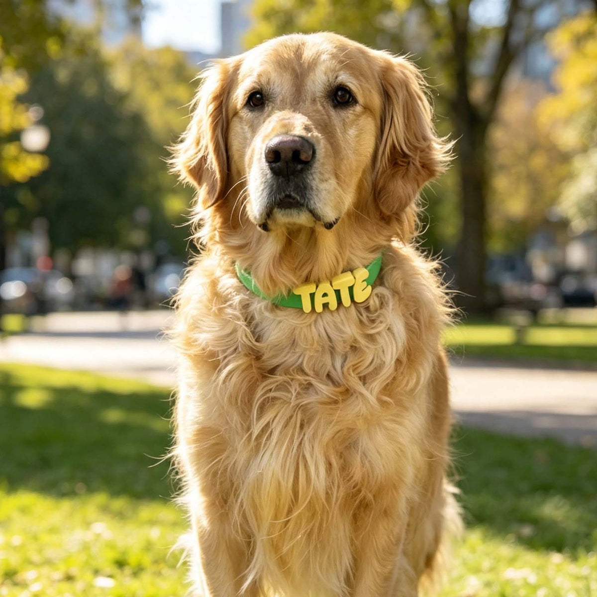 A golden retriever dog wearing a green collar with the name 'TATE' in yellow letters, photographed outdoors on a sunny park path with blurred trees and grass in the background.