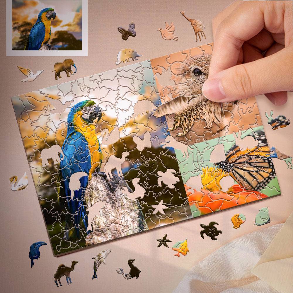Personalized photo wood jigsaw puzzle by MadeMine featuring custom image and interlocking wooden pieces for unique entertainment.
