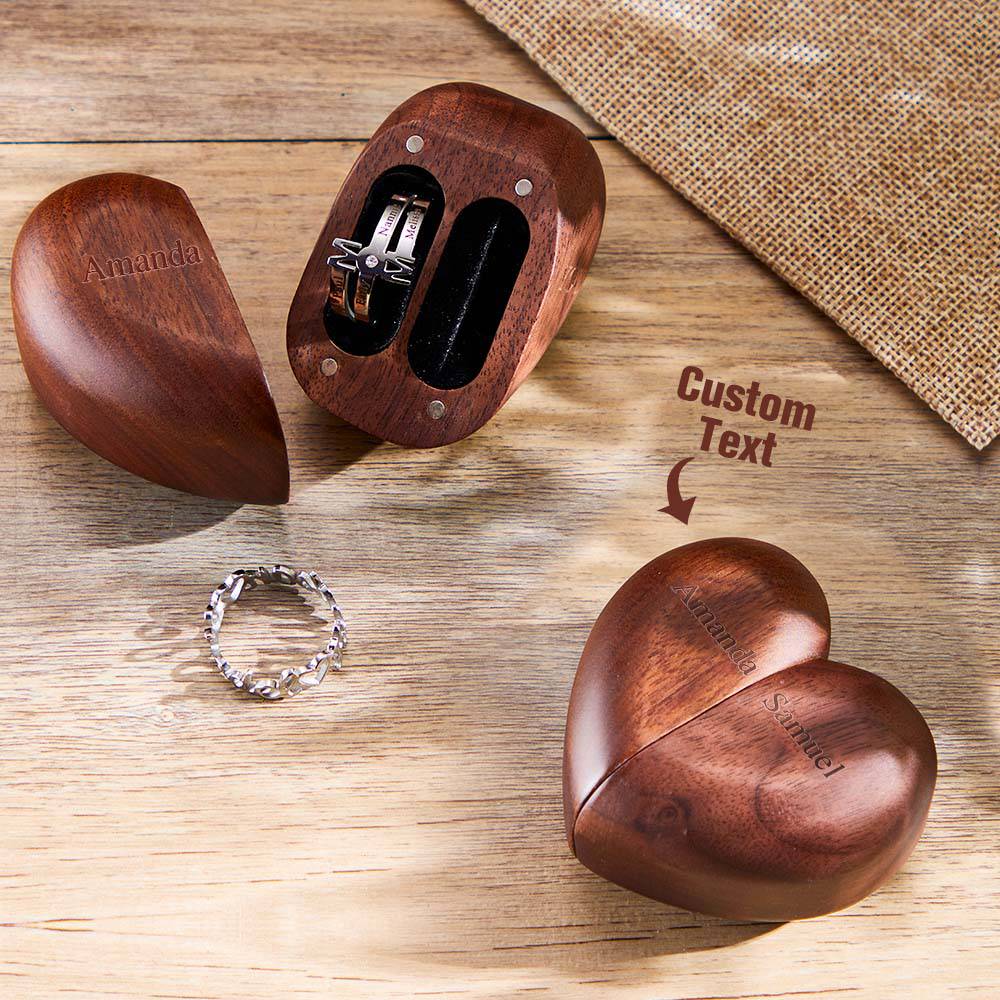 Heart-shaped wooden ring box by MadeMine, personalized double ring holder for wedding or engagement rings.