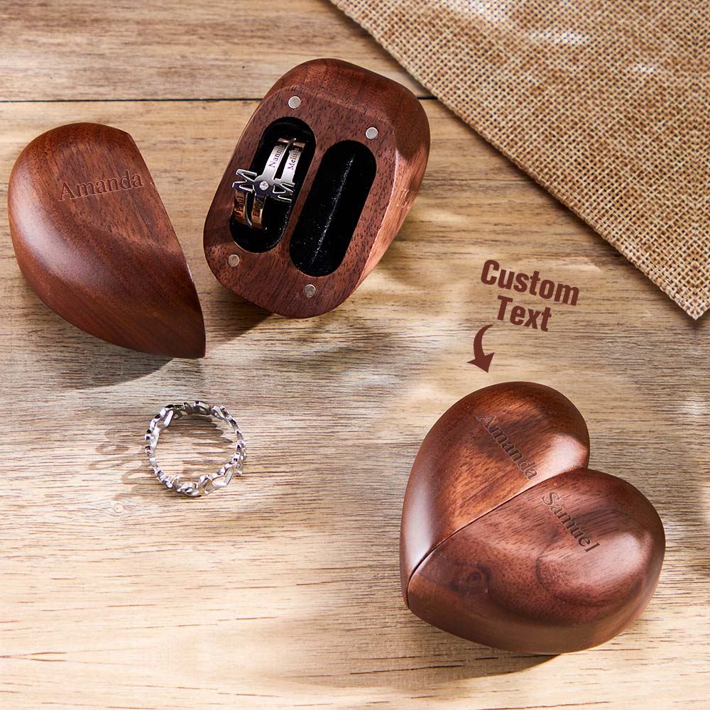 Personalized Heart-Shaped Ring Box - Wooden Double Ring Holder