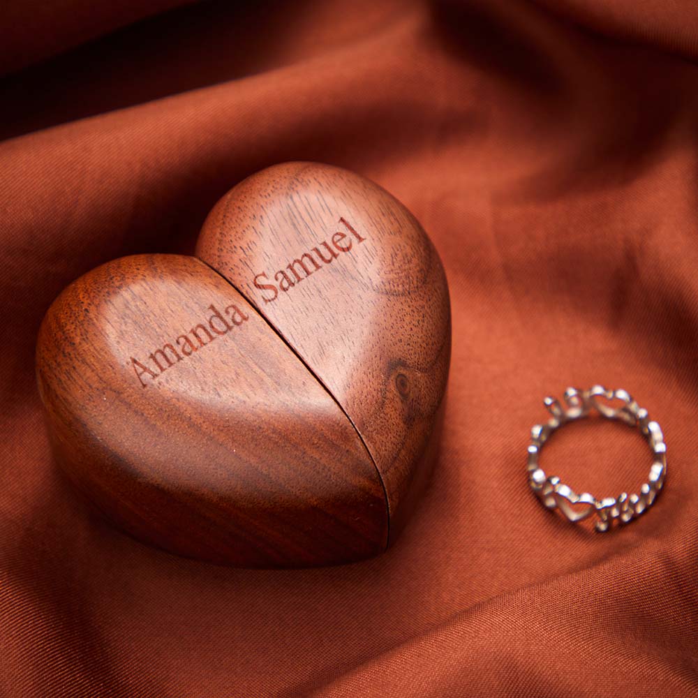Personalized Heart-Shaped Ring Box - Wooden Double Ring Holder