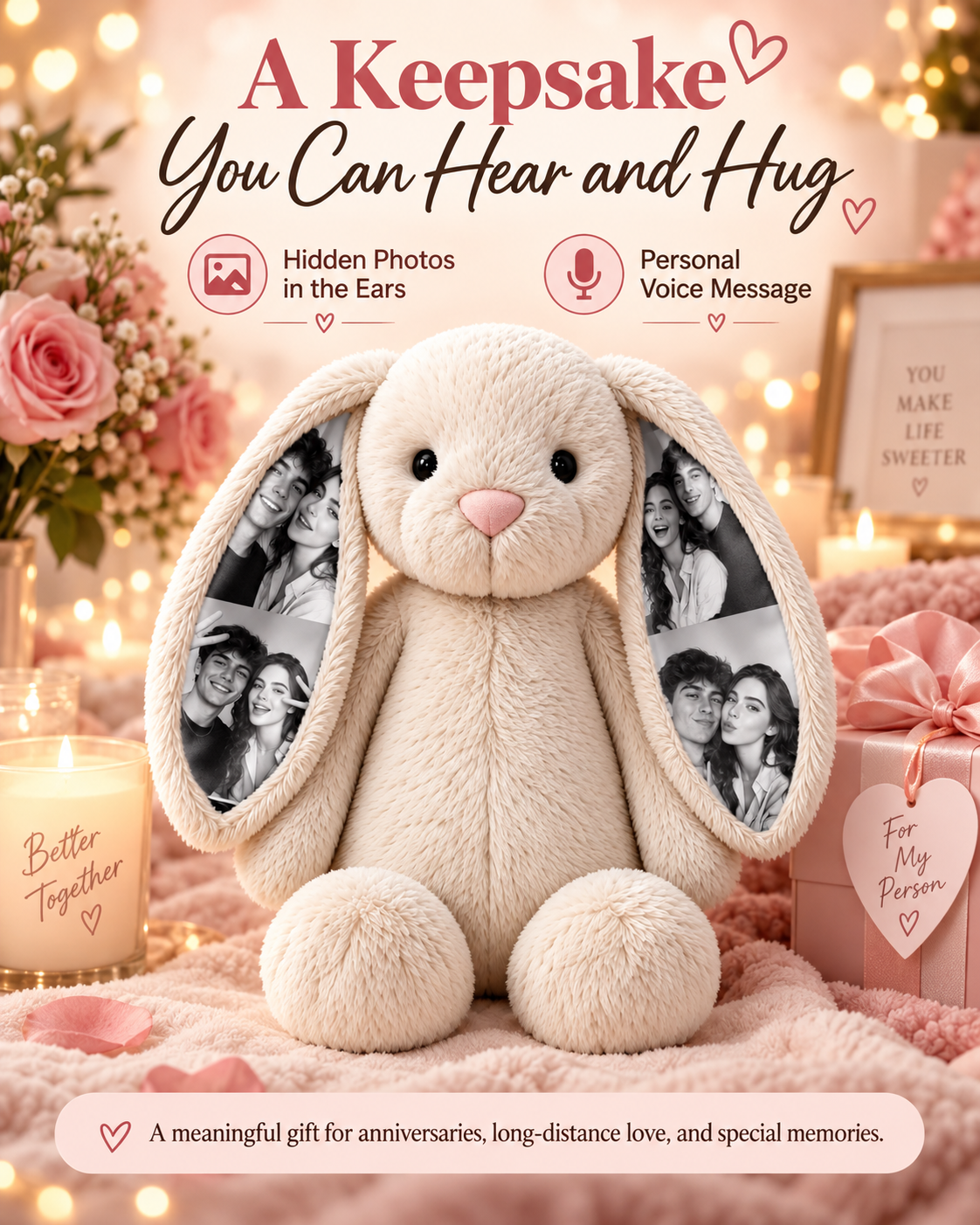 Personalized Voice Recording Bunny Plush with Photo Ears
