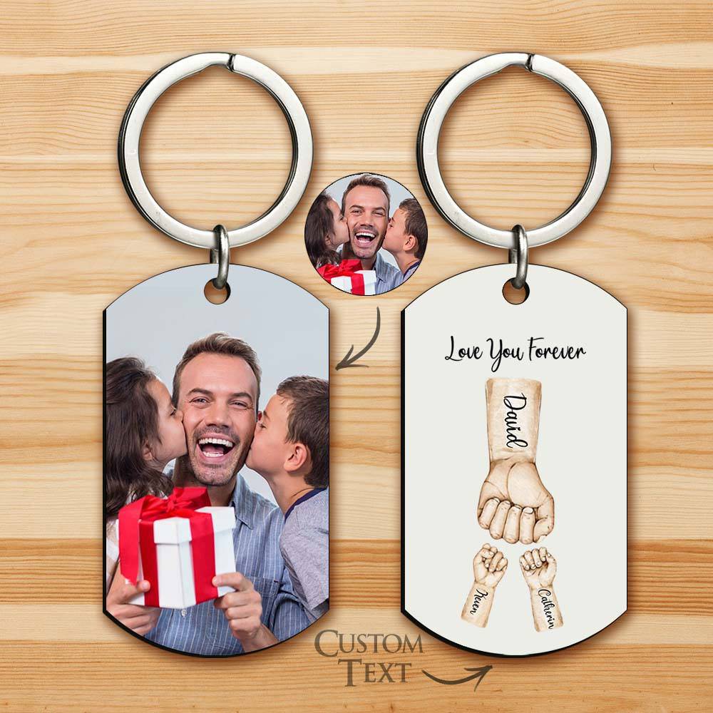 Personalized father fist keychain with custom dad photo, made by MadeMine, featuring a durable metal keyring and engraved design.