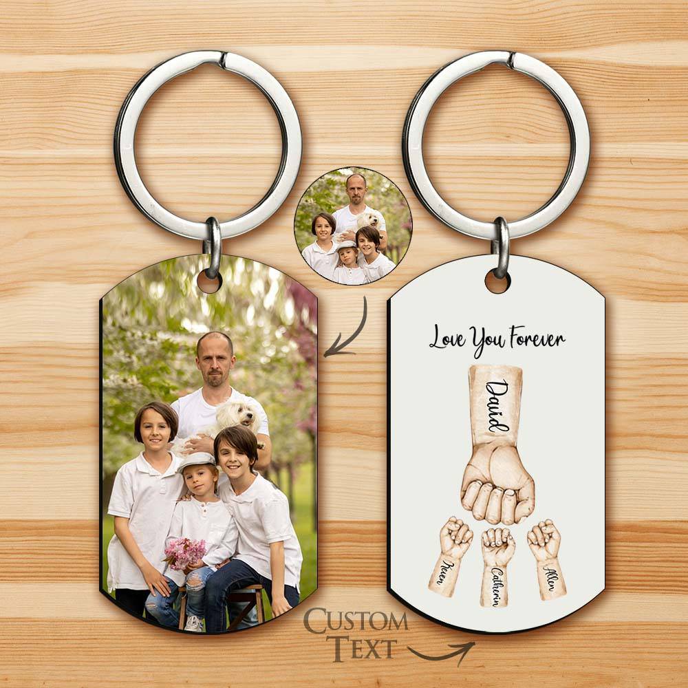 Personalized MadeMine father fist keychain with custom photo, silver-tone keyring and engraved design, perfect for dad or gift.