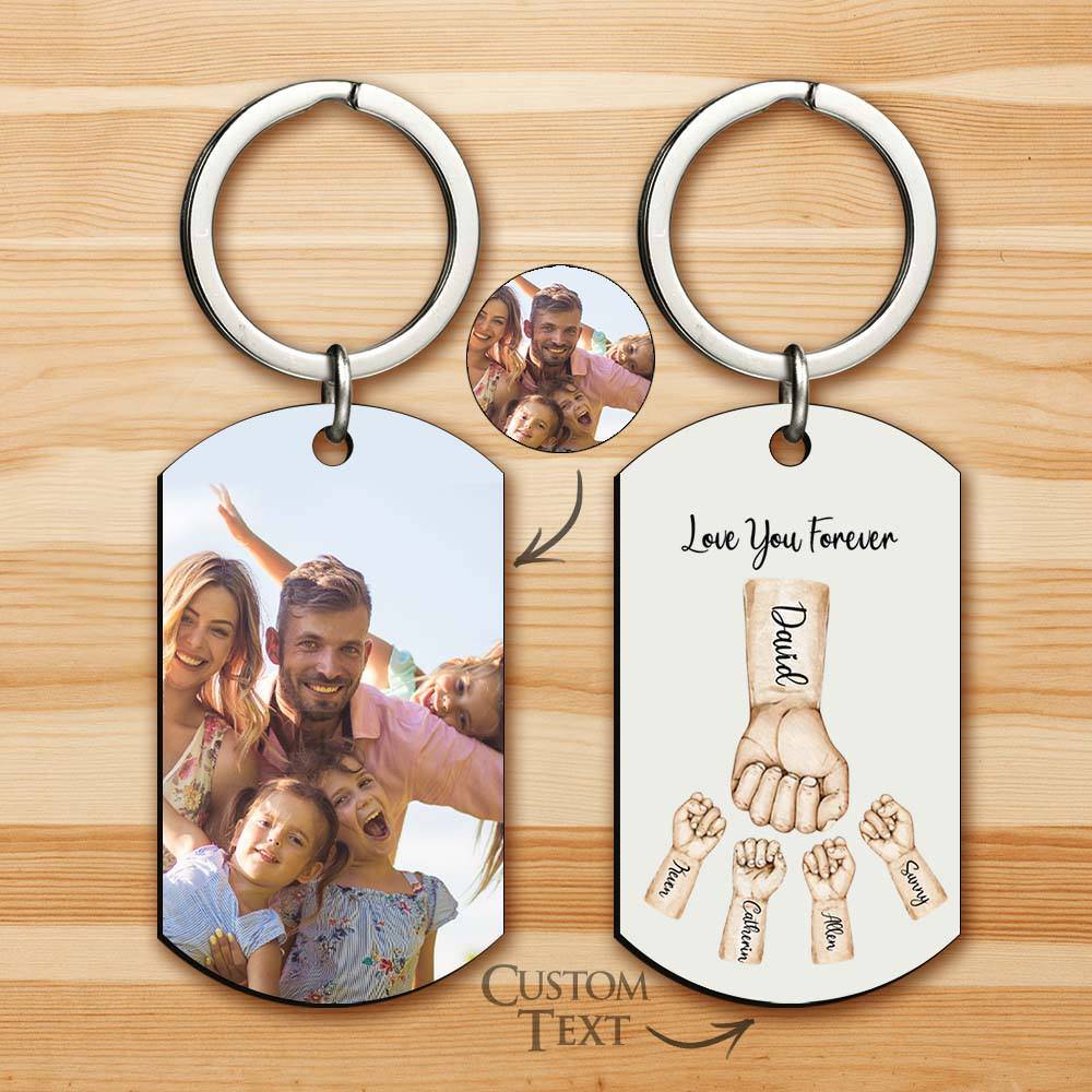 Personalized MadeMine father fist photo keychain, custom dad keyring with a family photo and engraved details.