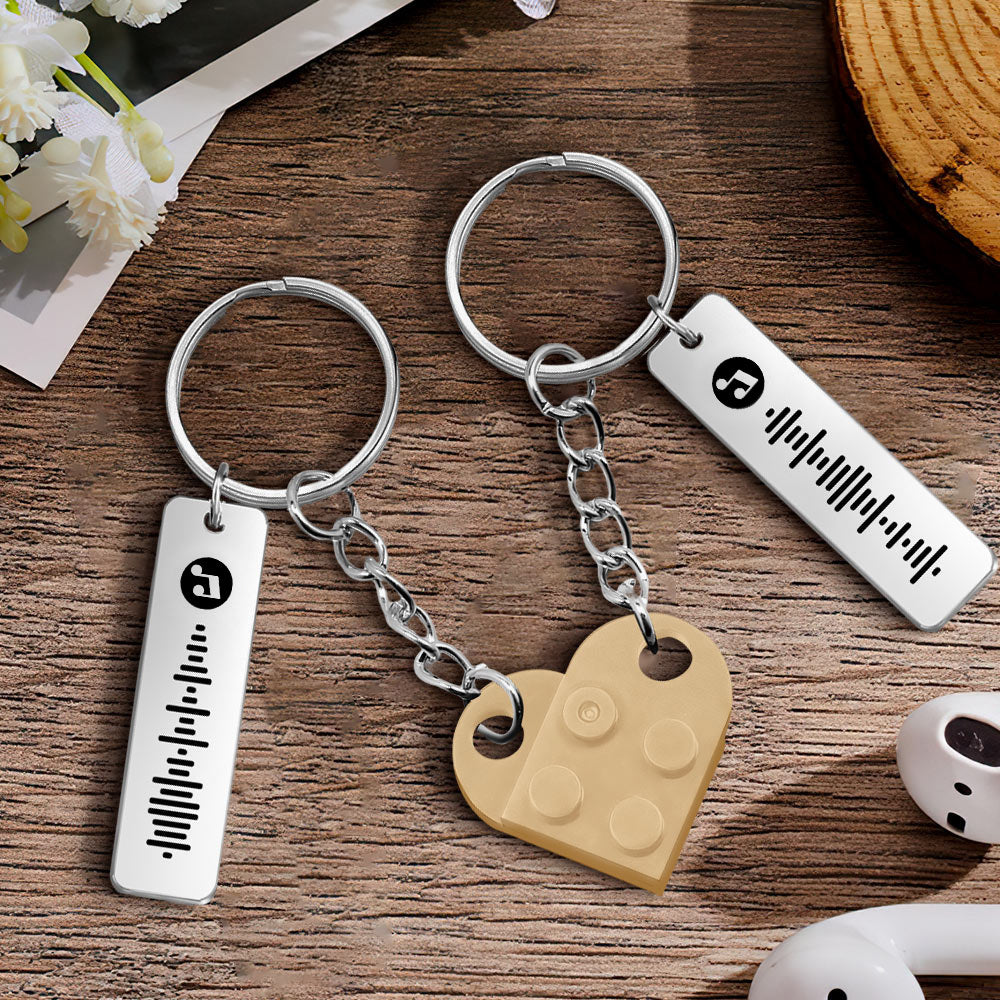Personalized Music Code Heart Bricks Keychain - Matching Couple Set