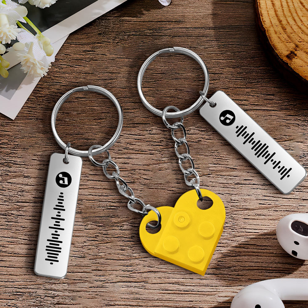 Personalized Music Code Heart Bricks Keychain - Matching Couple Set