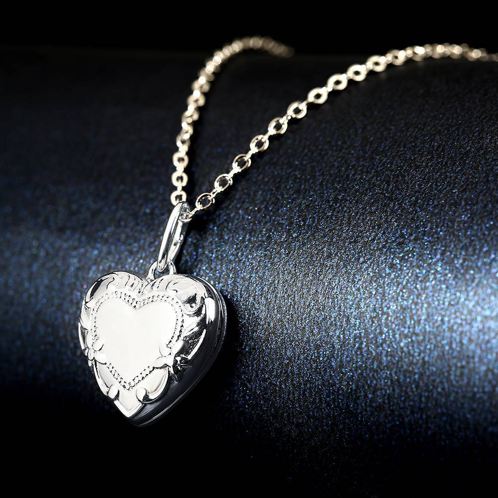 Embossed Heart Photo Locket Necklace with Engraving - Personalized Mother's Day Gift