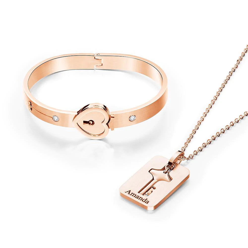 Custom Engraved Lock Bracelet & Key Necklace Set - Couple Gift