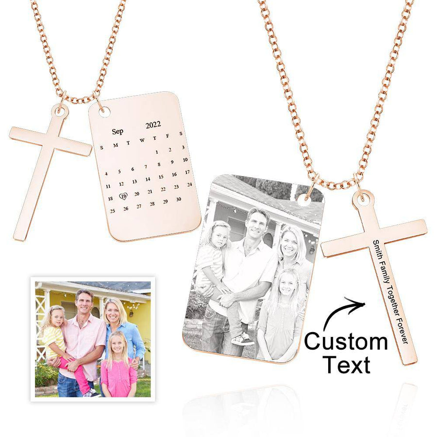 Custom Engraved Cross Necklace with Photo Calendar Pendant