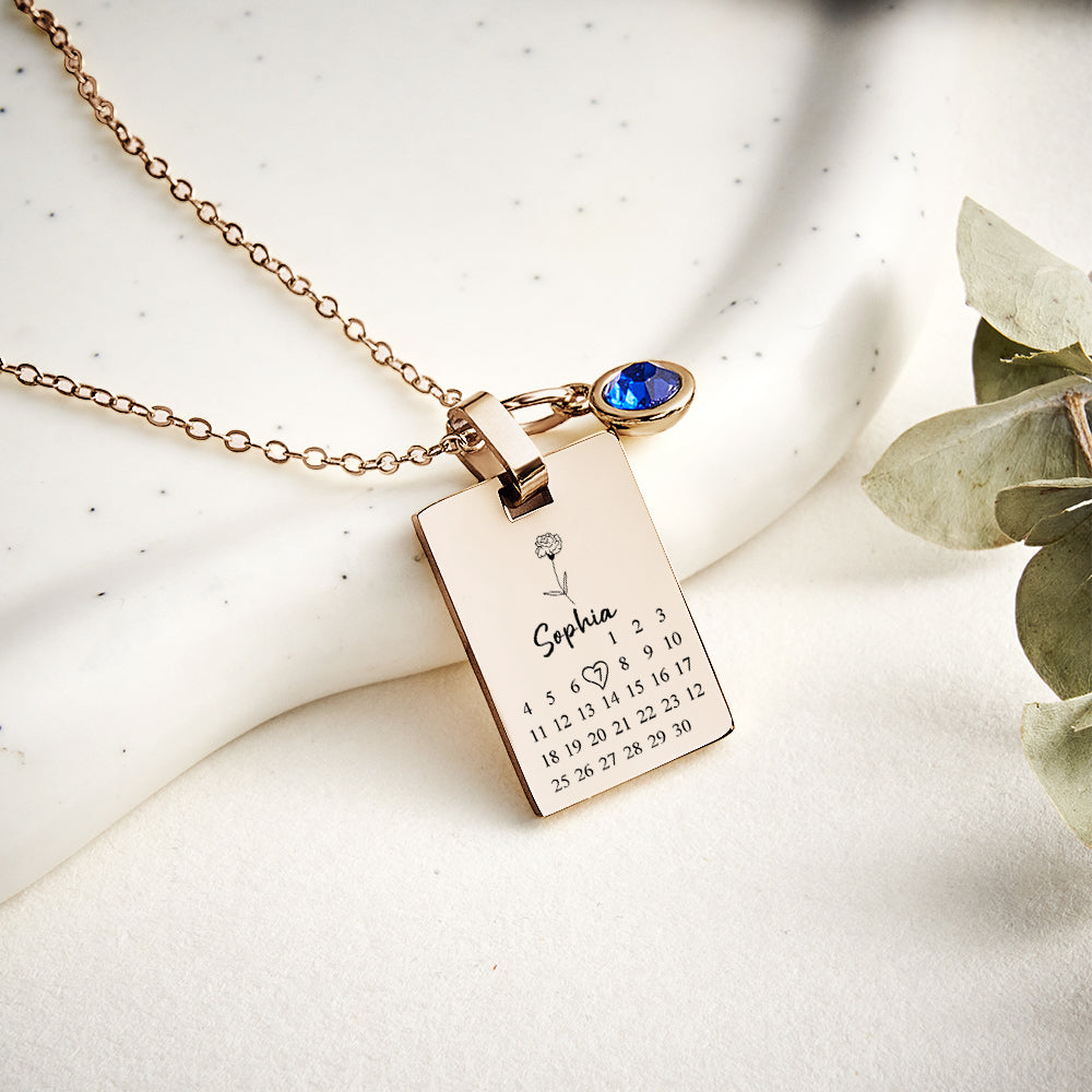 Personalized Calendar Birthstone Necklace - Custom Date Anniversary Gift