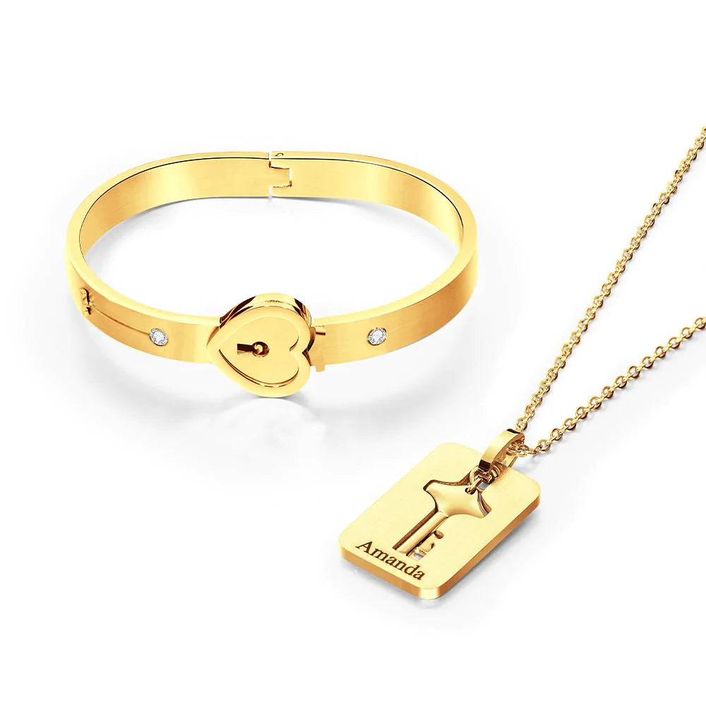 Custom Engraved Lock Bracelet & Key Necklace Set - Couple Gift