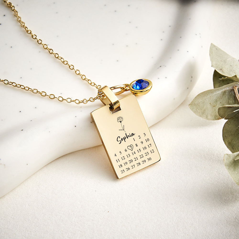 Personalized Calendar Birthstone Necklace - Custom Date Anniversary Gift