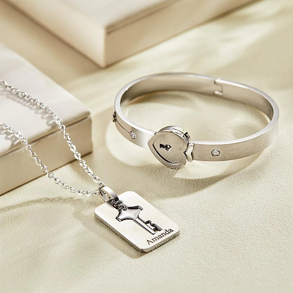 Custom Engraved Lock Bracelet & Key Necklace Set - Couple Gift
