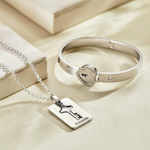 Custom Engraved Lock Bracelet & Key Necklace Set - Couple Gift