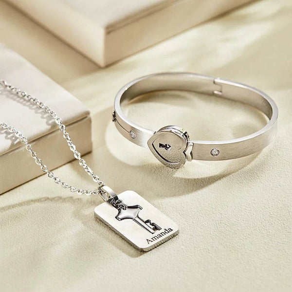 Custom Engraved Lock and Key Matching Jewelry Set