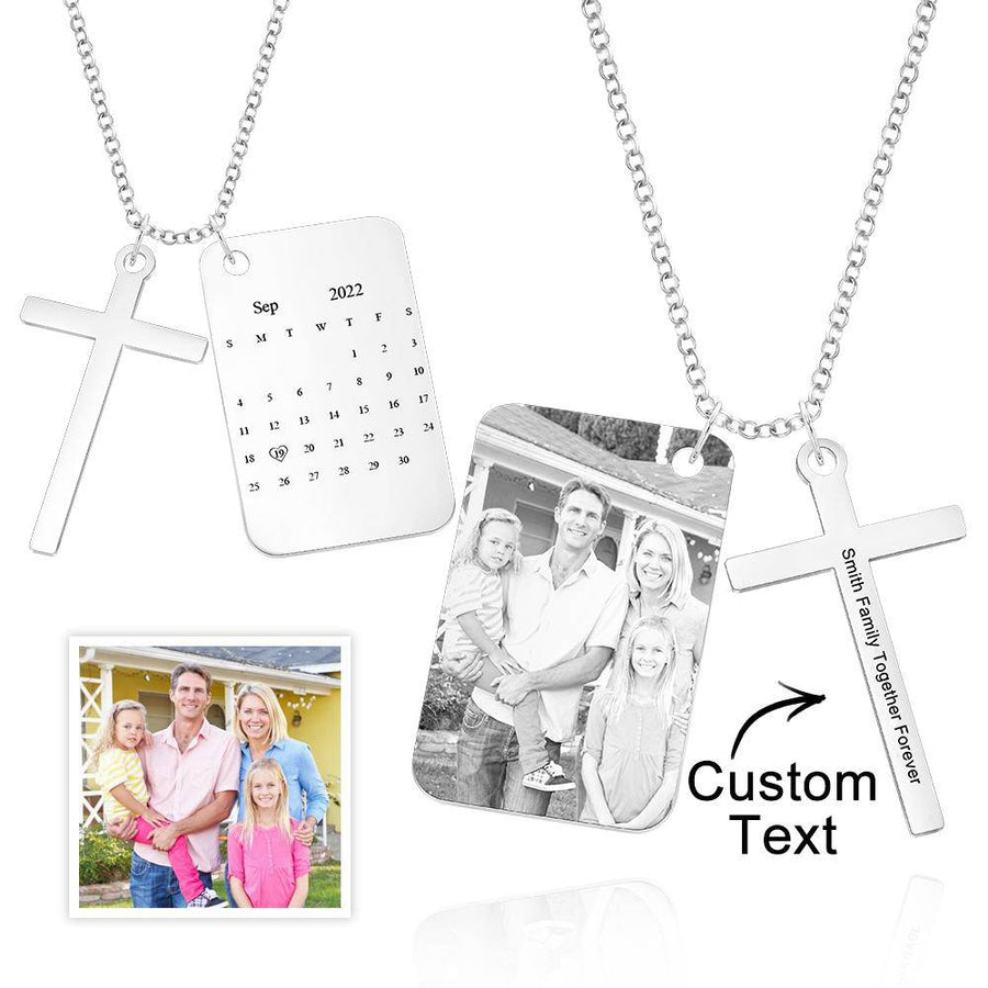 Custom Engraved Cross Necklace with Photo Calendar Pendant