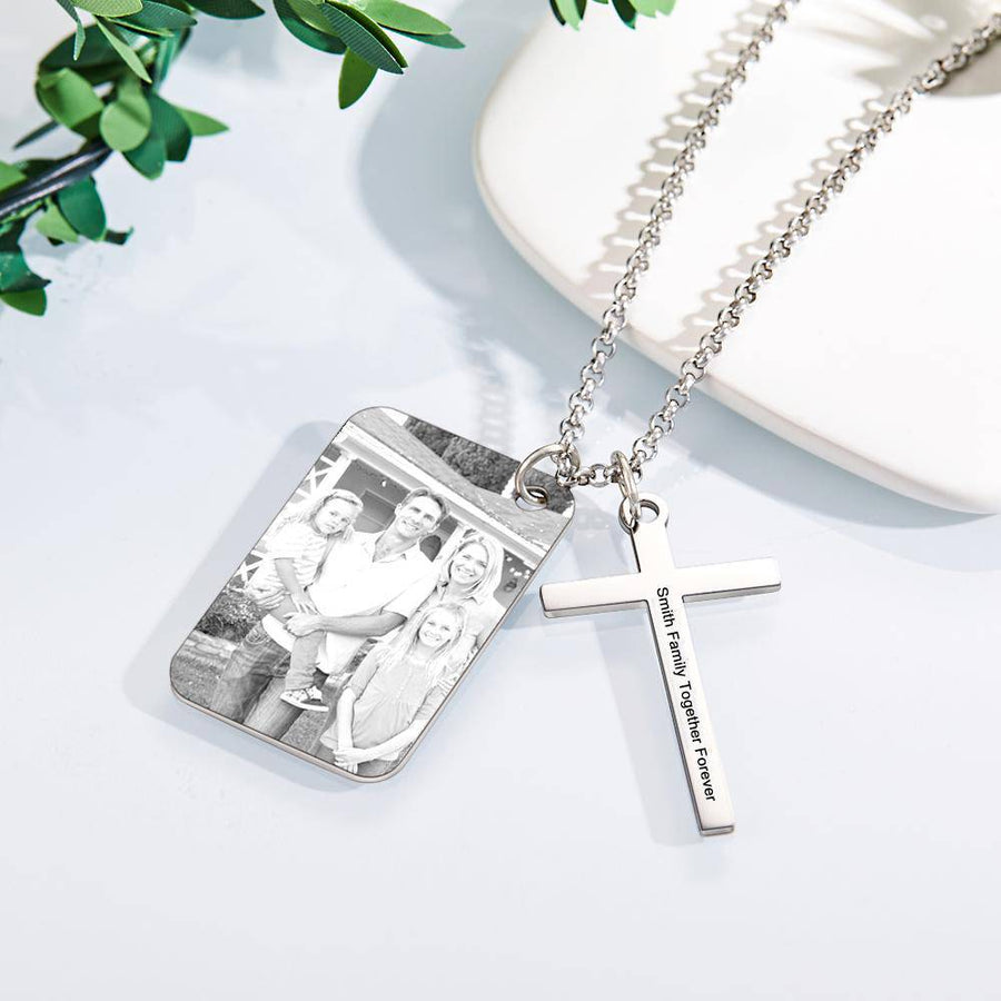 Custom Engraved Cross Necklace with Photo Calendar Pendant