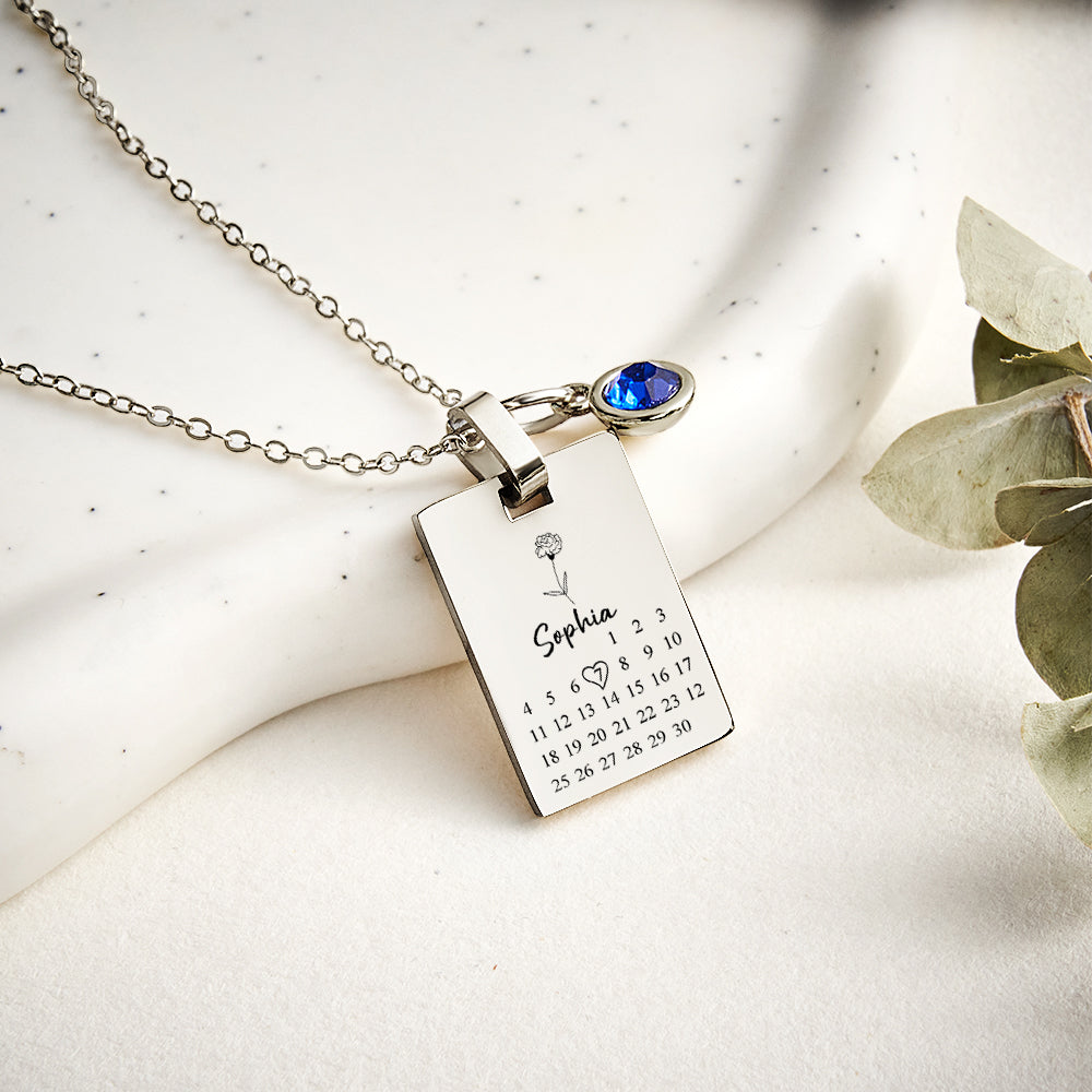 Personalized Calendar Birthstone Necklace - Custom Date Anniversary Gift