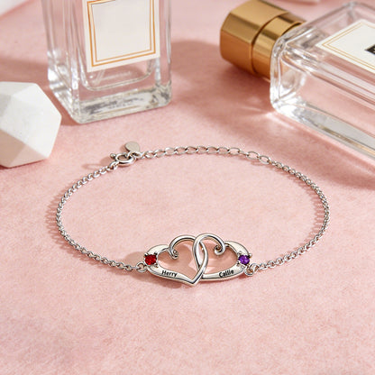 Custom Interlocking Heart Name Bracelet Birthstone Engraved Names Personalized Double Heart Bracelet for Couples Valentines Gift