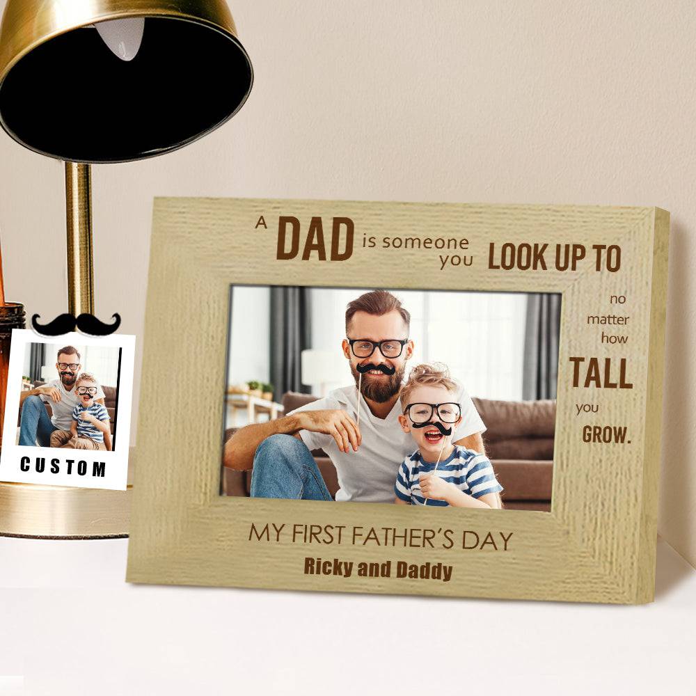 Personalized wooden photo frame for Dad by MadeMine, custom Father's Day gift, featuring a natural wood finish and space for a favorite photo.