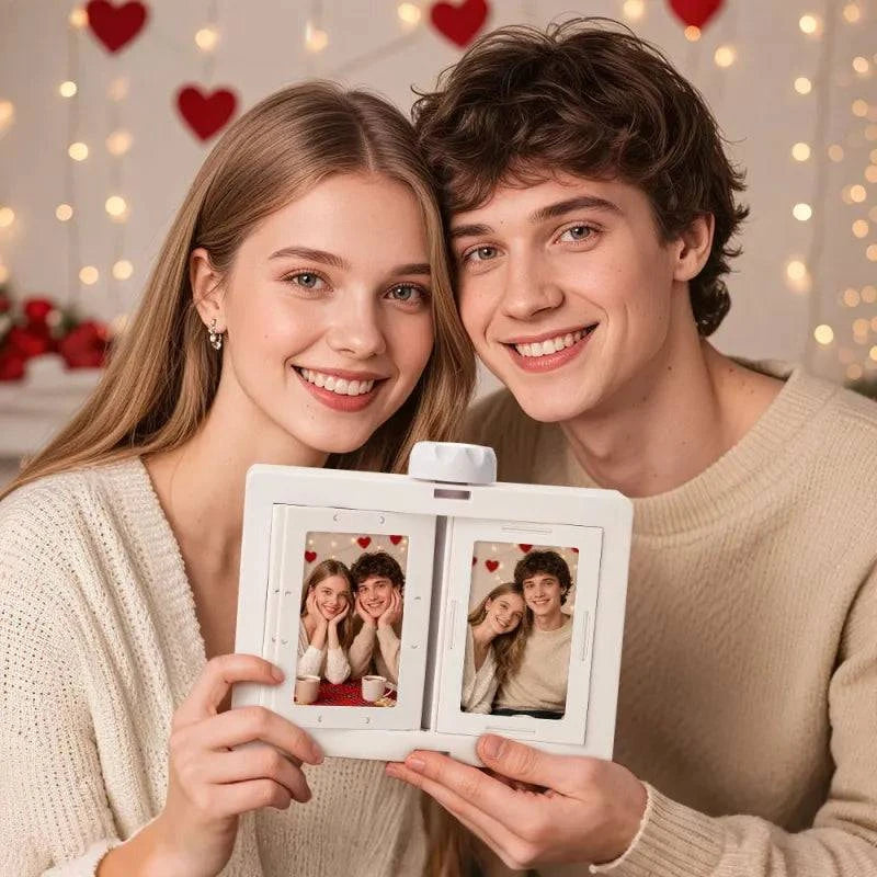MadeMine rotating photo carousel frame displaying 24 photos in a sleek, modern design for versatile home decor.