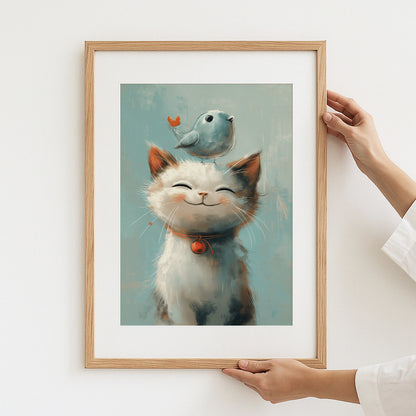 Adorable Cat and Bird Art Print Framed Wall Decor product