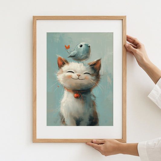 Adorable Cat and Bird Art Print Framed Wall Decor product
