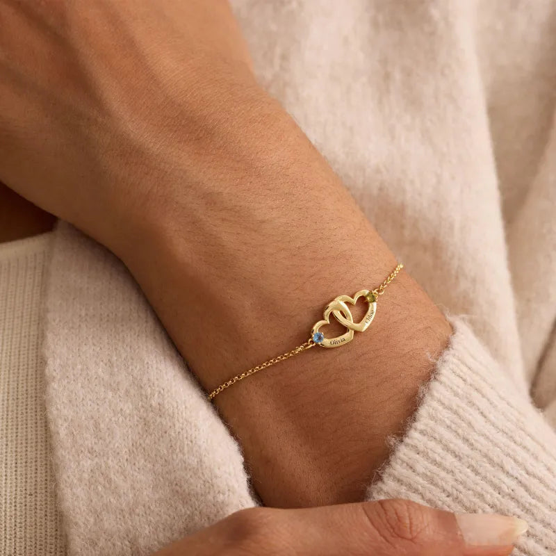 Personalized Double Heart Name Bracelet - Birthstone Engraved Gift