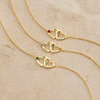 Personalized Double Heart Name Bracelet - Birthstone Engraved Gift