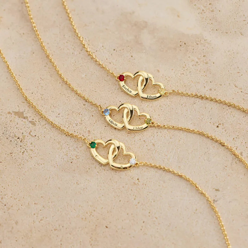 Custom Interlocking Heart Name Bracelet Birthstone Engraved Names Personalized Double Heart Bracelet for Couples Valentines Gift