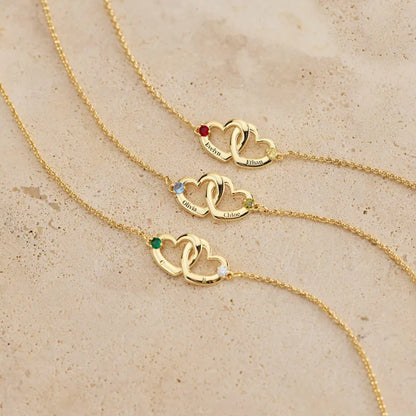 Custom Interlocking Heart Name Bracelet Birthstone Engraved Names Personalized Double Heart Bracelet for Couples Valentines Gift