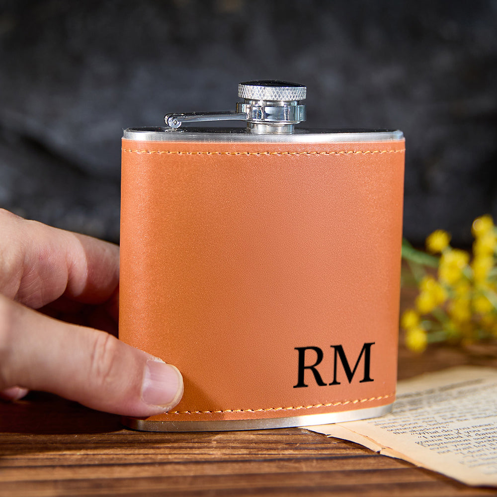 Personalized Leather Wrapped Whiskey Flask - 6oz Custom Engraved Gift
